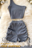 Casual Women 2 Piece Set Solid Summer Fashion One Shoulder Sleeveless Crop Top and Drawstring Shorts Workout