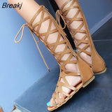 Women Sandals Roman Knee High Flat Gladiator Bandage Ladies Sandalias Botas Femininas Women Shoes Girls Summer Hollow Ankle