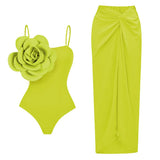 Solid Color Slings With Breast-Wear Three-Dimensional Flower Sleeves In A Row Swimsuit Women's 2025 New