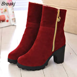 Ladies Heeled Shoes Women High Heels Boots Brand Woman Winter Shoes Square Heels 8.5cm Women Ankle Boots Black Red