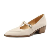 Women Pointed Toe Leather Shoes Retro Thick Heel Shoes for Women Elegant Shallow High Heels Slip-On Loafers Ladies Office
