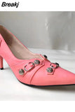 New Dropship 2023 Summer Sexy Women Mules Pump Sandals 7cm Thin High Heeled Big Size 43 Open Sole Moto Biker Rivets