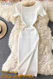 Dress Summer Women Bodycon Sexy Dress 2023 Solid Square Collar Short-sleeve Knitting Stretch Split Midi Party Dress