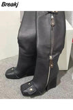 Women Chelsea Boots Luxury Designer Shoes Metal Decoration Rivet Women High Knee Boots Zipper-Sid Chunky Heels Western