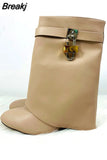 Design Shark Lock Women Boots Sexy Slip-on Knee High Boots For Woman Motorcycle Botas Mujer Genuine Leather Wedge