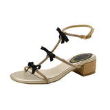 Rhinestone Roman Sandals Women Summer Shoes New Bow Thick Middle Heel Female Fashion Sandales Open Toe Ankle Buckle