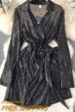 Sexy Sequins Glitter Mini Party Dress for Women Fashion Spring Solid V-neck Long Lace-up Sash A-line Short Club