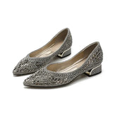 Women's Pumps 2024 New Crystal Pointed Toe Low Heeled Party Bride Wedding Shoes Fashion Loafers Elegant Ladies Dress High