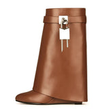Lock Buckle Women's Mid Calf Boots Punk Style Round Toe High Heel Western Boots Luxury Designer Wedges Women's Short