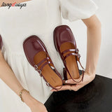Women Sandals Summer Shoes Woman low heels Double Buckle Mary Janes Shoes Patent Leather Dress Shoes Back Strap Zapatos
