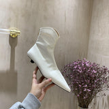 Pointed Toe Women's Leather Boots Sexy Stilettos High Heels Solid Color Low Heel Ankle Boots Zipper Short Bota