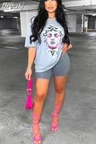 Fashion Print 2 Two Piece Sets Women Streetwear Outfits 2023 Summer Y2K Short Sleeve Tshirt+Biker Shorts Sets