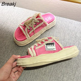 Canvas Slippers for Women Summer Outdoor 2022 Fashion Lace-up Casual Flat Slides Female Denim Beach Open Toe