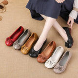 New Flat Bottom Low Heel Head Layer Cowhide Women's Shoes Ethnic Wind Flowers Leather Women's Single Shoes Middle-Aged And Elderly Mother