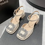 Sandals Med Block Heels Female Shoe All-Match Mary Jane New Medium Chunky Girls Closed Beige Clear Comfort Summer Fashion