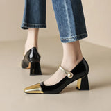 New French Mary Jane Shoes, Lacquered Leather, Square Head, Thick Heels, High Heels, Small Fragrant Style, One Word, Single Shoe