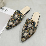 2023 New Elegant Women Rivets Slides Mules Breathable Flat Slippers Closed Toe Slides Party