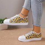 Size 43 Women's Flat Shoes 2024 New Sunflower Print Casual Lace Up Canvas Shoes Outdoor Versatile Walking Vulcanized