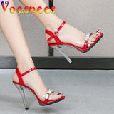 Women Shoes 2023 Summer New Candy Color Open Toe Sandals 11CM Shining Diamond Stiletto Shoes Female Sexy Transparent High