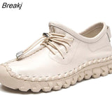 Oxford Sewing Flats Women's Loafers Shoes Woman Female Lace Up Genuine Leather Rubber Soles Casual