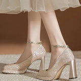 Breakj Thick With New Mary Jane Crystal Shoes A Word Button Wedding Shoes Bride Shoes Small Square Head High Heels