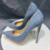 Plus Size Blue Plaid Pattern Women Pointy Toe High Heel Shoes Elegant Ladies Chic Stiletto Pumps Customize 8cm 10cm