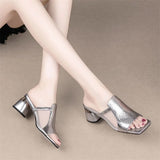 Women's New Summer Fashion Cool Slippers 2023 Sequin Rhinestone Outer Wear Women's Thick Heel Soft Leather Large Size43