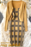 Women knit two piece set plaid print spaghetti strap bodycon mini dress and long sleeve knit cardigan suits womens clothing