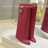 Rhinestone Women's High Boots High Heels Wedges Shoes Large Size Fashion Ladies Party Lock Metal Buckle Western Boots