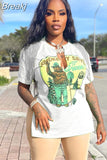 2023 Trendy Street Tassel T-Shirt Punk Style Fashion Printed Tops V Neck Side Slit Sexy Y2K Holiday Top Club Party