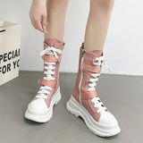 Canvas Chunky Platform Motorcycle Boots Women Zip Thick Bottom Combat Boots Woman Autumn Winter Punk Mid Calf Botas