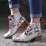 Women Boots Embroider Ethnic Ankle Boots Lace Up Pointed Toe Wedges Heel Shoes Bohemian Floral Chelsea Boots 35-43