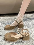 Sandals Med Block Heels Female Shoe All-Match Mary Jane New Medium Chunky Girls Closed Beige Clear Comfort Summer Fashion