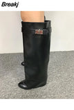 Genuine Leather Women's High Boots Winter Wedges Shoes Slip-on Demonia Boots For Women Classics Chunky Heels Western