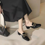 Retro Semi-drag Loafers Chain Woman Women's Round Head Med-heeled Gold Chain Closed Toe Casual