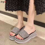 slippers Sequined High-heeled One-word Slippers Women Summer Outer Wear Platform Beach Comfort Sandals slippers