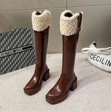 Knee High Brown Long Boots Comfort Square Heel Zip Belt Buckle Platform Boots for Women Plush Edge Warm Gothic