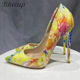 Hawaii Style Women Oil Painting Printed Patent Pointed Toe High Heels Fashion Ladies Stiletto Pumps Large Size