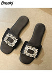 Women's Slippers Summer 2023 Rhinestones Flat Elegant Sandals Female Fashion Outdoor Beach Shoes Slides Chanclas Mujer