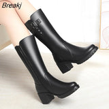Genuine Leather Knee High Boots For Women Thick Heeled Winter Large Size Warm Wool Shoes Woman Motorcycle Boots