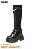 Leather Warm Plush Boots Women Pearl Knee High Boots Casual Chunky Punk Shoes Woman High Heels Platform Long