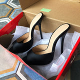 13cm High Heel Women Black Satin Peep Toe Slides Stilettos Plus Size 37-48 Summer Pumps Slippers Crossdress