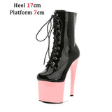Women Boots Mid-Calf Sexy Hate Day High 17 20CM Round Toe Pole Dance Shoes Nightclub Zipper Lace-up Black Roman