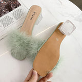 Fluffy Peep Toe Sexy High Heels Women Shoes Fur Feather Lady Fashion Wedding Slip-On Pink Square Sandals Tacones