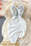 Women Dress Sexy Lace-up Halter Sleeveless Sequins Party Dress High Waist Drawstring Ruched Irregular Backless Club
