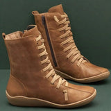 Women Boots Vintage Zipper Lace Up Ankle Ladies Retro Leather Shoes Woman High Top Shoes Women's Female Fashion