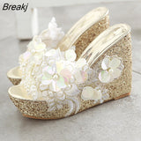 Summer Flower Decoration Platform Wedges Sandals Women Fashion Silver High Heels Female Summer Gold Shoes Size