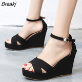 Thick Bottom High Heel Women's Shoes Size 32 33 40 Black Roman Wedges Heel Platform Women's Sandals Beach