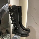 Knee High Boots Platfrom Shoes Studded Buckle Knight Boots Gothic Elegant Medium Heel Women's Shoes Motorcycle