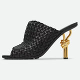 Breakj New High Heel Woven Slippers Wear Knot High Heels Half Slippers Metal Heel Women's